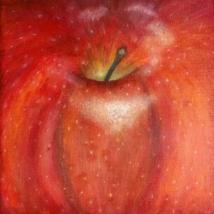 板材に描かれた赤いリンゴの油彩画風アート作品 赤いリンゴの絵オリジナル オイル アート静物画 15 x 15 cm