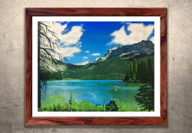 油絵　風景画　湖　エメラルド湖　エメラルドレイク　