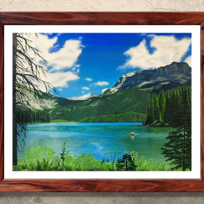 油絵 風景画 湖 エメラルド湖 エメラルドレイク