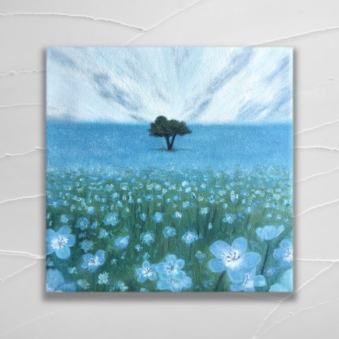 油絵　花　青い ネモフィラ　花畑