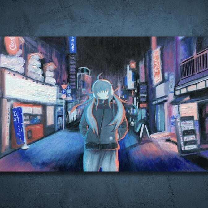 油絵　夜 街　少女　紫