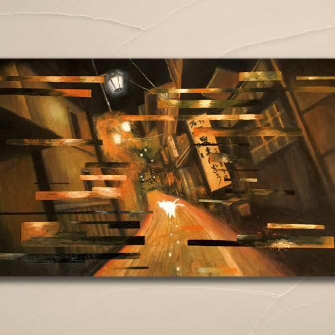 油絵　猫　町並み 風情　温泉街　妖怪 ノイズ　オレンジ