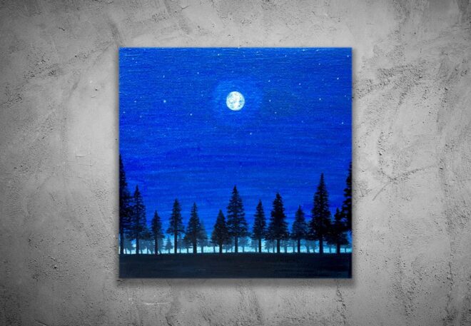 油絵　夜景　夜　月　青 パール　偏光　キラキラ　光る