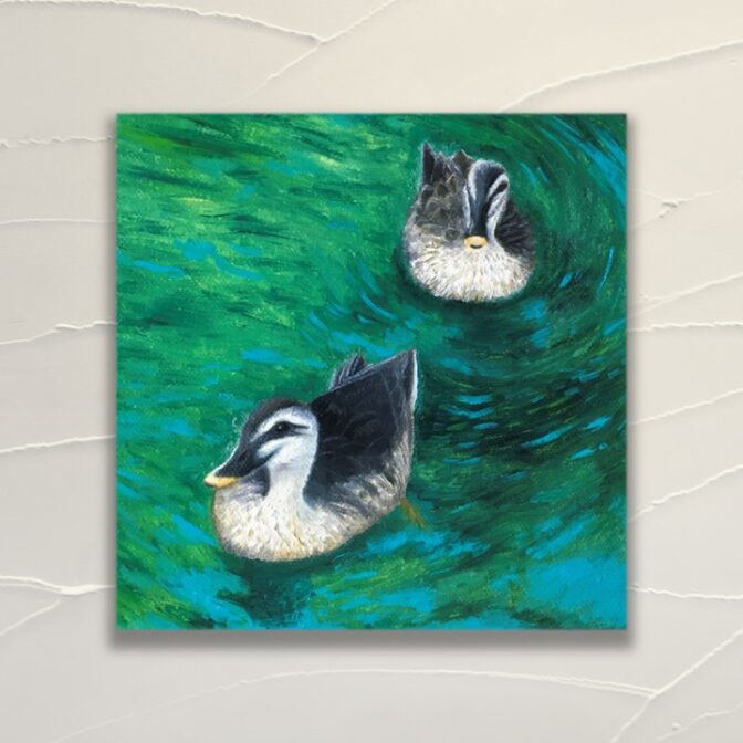 かも 鴨 緑 油絵 小さい インテリア