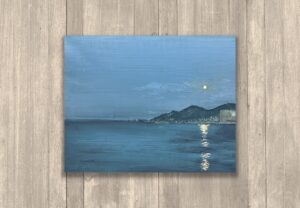 油絵　風景画　夜景　青　　Oil painting