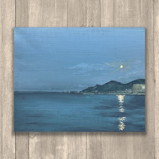 油絵　風景画　夜景　青　　Oil painting