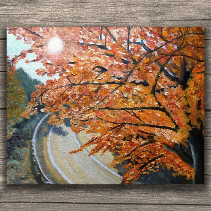 油絵　秋　風景画　紅葉　 赤　景色