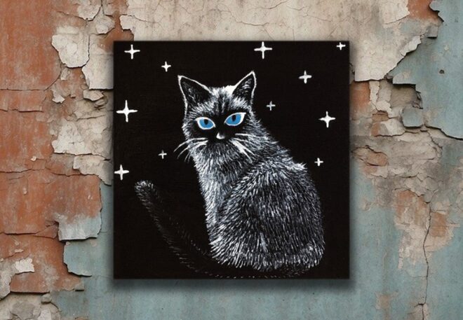 油絵　インテリア　絵画　　 黒　猫　シャム　小さな　かわいい