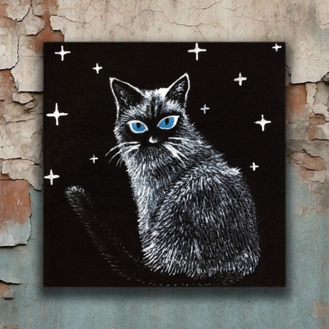 油絵　インテリア　絵画　　 黒　猫　シャム　小さな　かわいい