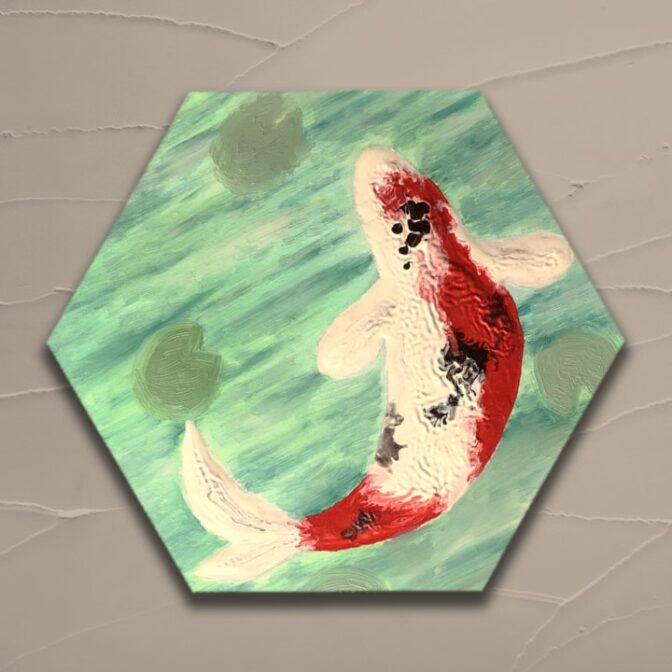 油絵　インテリア　鯉　錦鯉　　絵画　六角形