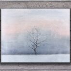 油絵　風景画　冬 雪　木　雪景　夕日