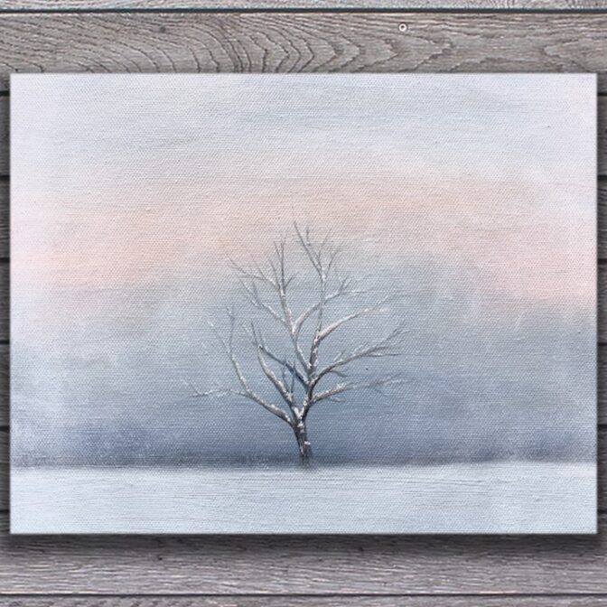 油絵　風景画　冬 雪　木　雪景　夕日