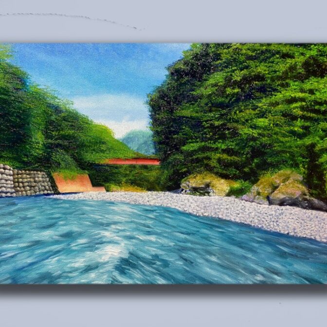 油絵　風景画　山　川　空　夏　