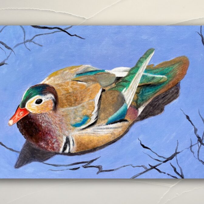 油絵　鳥　おしどり