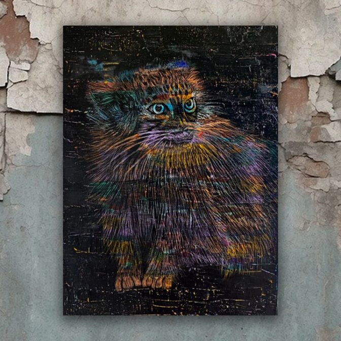 油絵　原画　猫　カラフル　マヌルネコ
